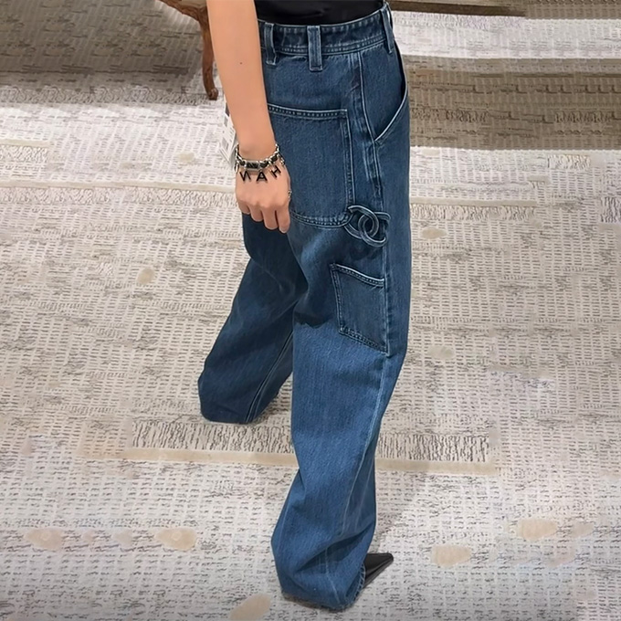 chanel side logo high rise wide leg denim jeans